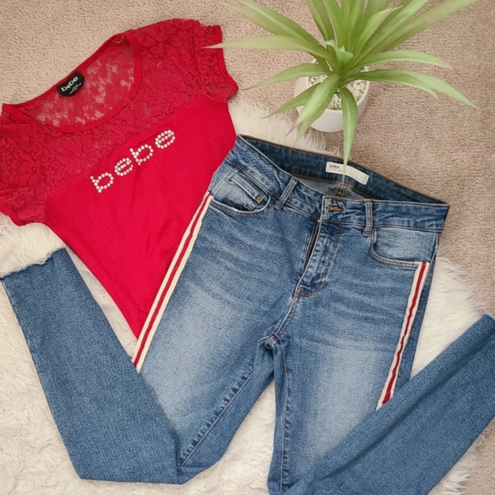 Zara red side striped ankle jeans